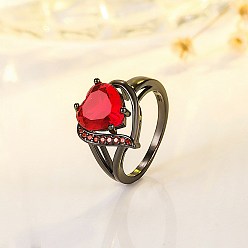 Красный Кольца для пальцев в форме сердца из латуни с микропаве из кубического циркония, металлический черный , красные, размер США 8 (18.1 мм)