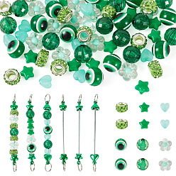 Зеленый Сделай сам наборы для ключей, в том числе 3шт. брелоков из нержавеющей стали с бусинами, 12шт. круглые бусины из смолы, символизирующие сглаз, 36шт акриловые бусины, 12 шт. Европейские бусины со стразами из полимерной глины, зелёные