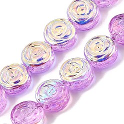 Púrpura Pintura de horneado galvanizada cuentas de vidrio transparentes hebras, plano y redondo con flor rosa, color de ab chapado, púrpura, 10x5.3 mm, agujero: 1 mm, sobre 65 unidades / cadena, 25.20'' (64 cm)