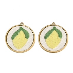 Chapado en Oro Real 18K 304 Colgantes de acero inoxidable y bordados, plano redondo con adornos de limón, amarillo claro, revestimiento de iones (ip), larga duración plateado, real 18 k chapado en oro, 28x25x2.5 mm, agujero: 1.6 mm