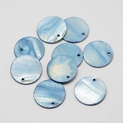 Light Sky Blue Dyed Natural Flat Round Shell Pendant, Light Sky Blue, 25x2mm, Hole: 2mm