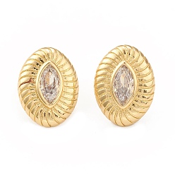 Настоящее золото 18K Серьги-гвоздики с прозрачным кубическим цирконием и конским глазом, стеллаж для латунных украшений для женщин, без кадмия и без свинца, реальный 18 k позолоченный, 15x11.5 мм, штифты : 0.7 мм