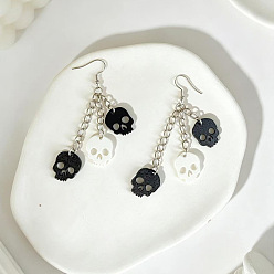 Skull Halloween Alloy & Acrylic Dangle Earrings for Women, Platinum, Skull, 60mm