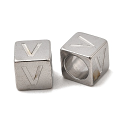 Letter V 304 из нержавеющей стали европейские шарики, бусины с большим отверстием, куб с письмом, Буква V, 7x7x7 мм, отверстие : 5 мм