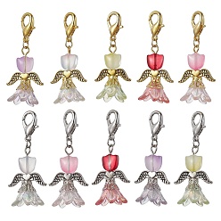 Mixed Color Lily Angel Glass Pendant Decorations, with Alloy Lobster Claw Clasps, Mixed Color, 47mm, 10pcs/set