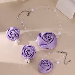 Лиловый Комплект из ожерелья с подвеской из розовой ткани и пластиковых жемчужных бусин, сережек-гвоздиков и браслетов с подвесками, платина, сирень, 360 мм