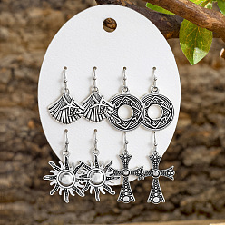 Античное Серебро 4 Парные серьги-подвески из цинкового сплава, форма ракушки, плоская круглая форма, солнце и крест, античное серебро, 28~39x18~24 мм