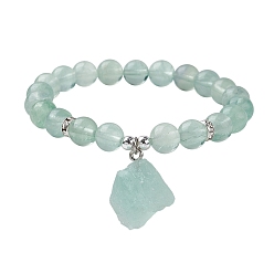 Fluorite Natural Green Fluorite Round Beaded Stretch Bracelets, with Rough Raw Nugget Charms, Inner Diameter: 2-1/2 inch(6.2cm)