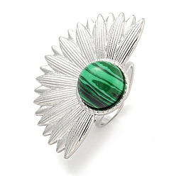 Малахит 304 манжеты из нержавеющей стали с синтетическим малахитом, веерные открытые кольца для женщин и мужчин, цвет нержавеющей стали, 39.5x26.5 мм, внутренний диаметр: регулируемый.