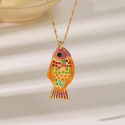 Colorful Summer Beach Brass Enamel Pendant Necklaces, Fish, Golden, Colorful, 15.75 inch(40cm), pendant: 35mm