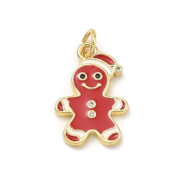Gingerbread Man Латунные микропаве прозрачные подвески с фианитом, красной эмалью, прелести рождественской тематики, золотые, Колобок, 19x13x2 мм, отверстие : 3.5 мм