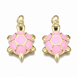 Rose Chaud Laiton émail pendentifs, avec des anneaux de saut, réel 16 k plaqué or, sans nickel, tortue, rose chaud, 23x15x4mm, anneau de saut: 5x0.8 mm, 3 mm de diamètre intérieur 