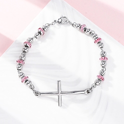 Роза 201 из нержавеющей стали ссылку цепи браслеты, с 304 застежками из нержавеющей стали и стразами из полимерной глины для женщин, крестик, роза, 8-1/4~8-1/2 дюйм (20.9~21.7 см)