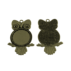 Античная Бронза Тибетском стиле настройки сплава кулон горный хрусталь кабошон, сова с круглым подносом, без свинца и без никеля , античная бронза, лоток : 25 мм, 54x35x2.5 мм, отверстие : 3 мм, пригодный для стразов 3.5 мм, Около 106 шт / 1000 г