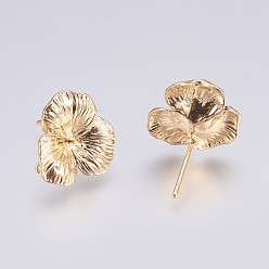 Real 18K Gold Plated Brass Stud Earrings Findings, with Loop, For Half Drilled Beads, Long-Lasting Plated, Flower, Nickel Free, Real 18K Gold Plated, 16x3mm, Hole: 0.8mm, Pin: 0.8mm