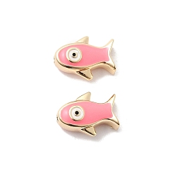 Ярко-Розовый Латунь эмаль бисера, рыба, реальный 18 k позолоченный, ярко-розовый, 9x12x5 мм, отверстие : 1.5 мм