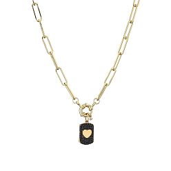 Черный Женские цепочки-подвески из латуни с микропаве из кубического циркония в форме прямоугольника с подвеской в виде сердца и канцелярской скрепкой, застежкой-карабином., золотые, чёрные, 15.75 дюйм (40 см)