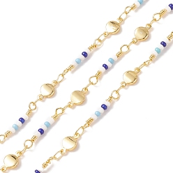 Blue Brass Flat Round Link Chains, with Glass Beaded, Soldered, with Spools, Cadmium Free & Lead Free, Real 18K Gold Plated, Blue, 8.5x5x2mm, 17x2mm