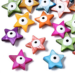 Mixed Color Natural Freshwater Shell Beads, with Enamel, Double-Faced, Star with Evil Eye, Dyed, Mixed Color, 14~15x15~16x5mm, Hole: 0.7mm