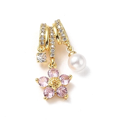 Цветок Латунные микро проложить кубического циркония подвески, с пластиковой бисера, золотые, цветок, 26 мм, отверстие : 3x6 мм