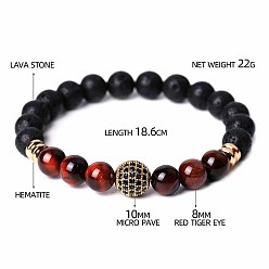 Смешанные камни Окрашенные и нагретые натуральные красные тигровый глаз, вулканический камень и кубический цирконий, круглые бусины, эластичные браслеты для мужчин и женщин, круглые бусины, эластичные браслеты для мужчин и женщин, с синтетическим немагнитным гематитом, 7-3/8 дюйм (18.6 см)