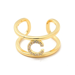 Letter C Кольцо-манжета с открытой буквой из прозрачного кубического циркония, кольцо из настоящей позолоченной латуни с двойной линией для женщин, без свинца и без кадмия, letter.c, размер США 18 (6 мм)