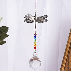 Clear Crystals Chandelier Suncatchers Prisms Chakra Hanging Pendant, with Iron Cable Chains, Glass Beads, Glass Rhinestone and Brass Pendants, Dragonfly with Round, Clear, 340mm