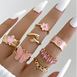 Pink 7 шт. кольца из сплава, акрила и эмали со стразами, золотые, цветок/бабочка/звезда, розовые, внутренний диаметр: 16 мм и 17 мм
