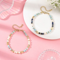 Oro 2pcs 2 estilos Conjuntos de pulseras de cuentas cúbicas facetadas de lapislázuli y larimar naturales con perlas naturales para mujer, pulseras apilables, dorado, 7.32 pulgada (18.6 cm), 1 pc / estilo