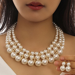 Белый Комплекты ювелирных изделий из пластика и сплава с искусственным жемчугом, включают серьги и ожерелья, круглые, белые, 420 мм