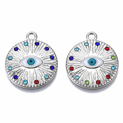 Платина Стойки обшивки сплава эмали подвески, с красочными горный хрусталь, без кадмия, без никеля и без свинца, плоский круглый с оберегами от сглаза, платина, 24x20.5x3 мм, отверстие : 2 мм