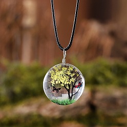 Желтый Плоские круглые стеклянные ожерелья с подвеской в виде сухоцвета и дерева внутри, черные вощеные шнуры, желтые, 17.52 дюйм (44.5 см)