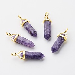 Charoite Natural Charoite Pointed Pendants, with Random Alloy Pendant Hexagon Bead Cap Bails, Golden, Bullet, 37~40x12.5x10mm, Hole: 3x4.5mm