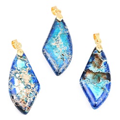 Синий Кулоны из натуральной императорской яшмы, с золотыми латунными петлями, ромб, окрашенные, синие, 40.8x15.1x5.8 мм, отверстие : 5x4 мм