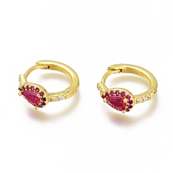 Фуксиновый Серьги-кольца из латуни с микро-паве из фианита, долговечный, кольцо со слезами, золотые, красно-фиолетовые, 14x16x2 мм, штифты : 1x0.7 мм