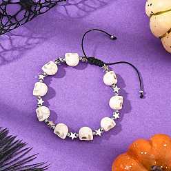 Creamy White Dyed Synthetic Turquoise Halloween Skull Braided Bead Bracelets, with Brass Star, Platinum, Creamy White, Inner Diameter: 1.97~3.15 inch(5~8cm)