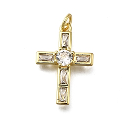 Настоящее золото 18K Латунные микропаве прозрачные подвески с фианитом, крест прелести, долговечный, стойки покрытие, без свинца и без кадмия, с целью перехода в кольце, реальный 18 k позолоченный, 23x15.5x3.5 мм, отверстие : 3 мм
