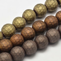 Mixed Color Electroplate Non-magnetic Synthetic Hematite Beads Strands, Faceted Round, Frosted, Mixed Color, 9.5~10mm, Hole: 1mm, about 43pcs/strand, 15.7 inch