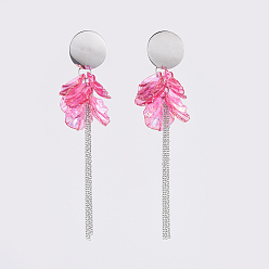 Hot Pink Transparent Acrylic Dangle Earring, with 304 Stainless Steel Stud Earring Findings and Cable Chains, Petal, Hot Pink, 109mm, Pin: 0.8mm