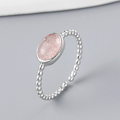 Клубничный Кварц Овальные 925 кольца-манжеты из стерлингового серебра с натуральным клубничным кварцем, платина, внутренний диаметр: регулируемый