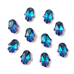 Синий Гальванизировать прозрачные стеклянные подвески, с покрытием на задной стороне, граненые, hamsa hand charms, синие, 18x13.5x5.5 мм, отверстие : 1.6 мм