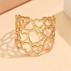 Oro 304 Anillos abiertos de acero inoxidable para mujer., corazón hueco, dorado, 17 mm