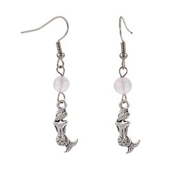 Розовый Кварц Естественно выросли болтаться серьги кварцевые, с крючками для серьги из сплава и 304 нержавеющей стали, русалка, старинное серебро и цвет нержавеющей стали, 50.5 мм , штифт: 0.7 мм