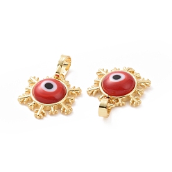 Red Handmade Evil Eye Lampwork Pendants, with Real 18K Gold Plated Tone Brass Findings, Snowflake Charm, Red, 15x16x4mm, Hole: 4x6.5mm