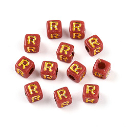 Letter R Покрытие акриловыми шариками, куб с письмом, золотой металл обвитыми, Буква R, 4.5x4.5x4.5 мм, отверстие : 2 мм, Около 6250 шт / 500 г