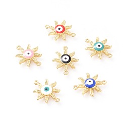 Mixed Color Brass Enamel Links connectors, Sun with Evil Eye, Golden, Mixed Color, 18x14x3mm, Hole: 1mm