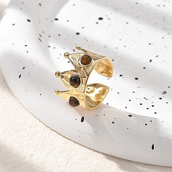 Тигровый глаз Натуральный тигровый глаз кольца палец, корона 304 открытые манжеты из нержавеющей стали для женщин, реальный 18 k позолоченный, 13.5 мм, регулируемый