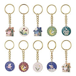 Golden Water Plant Elf Series Alloy Enamel Pendant Keychains, with Iron Keychain Ring, Mixed Shapes, Golden, 7.9~8.2cm