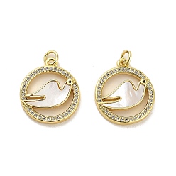 Bird Brass Micro Pave Clear Cubic Zirconia Pendants, Cadmium Free & Lead Free, with Shell, Jump Rings, Real 18K Gold Plated, Bird, 21x18x3mm, Hole: 3.5mm