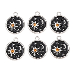 Черный Сплав эмали горный хрусталь подвески, плоский круглый с подвесками солнца и луны, платина, чёрные, 20.5x17.5x3 мм, отверстие : 2 мм